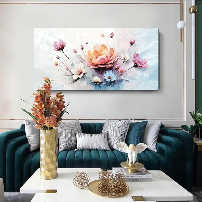 amatop Oversized Wall Art for Living Room Elegant Pink White Blue Floral Art Print Large Abstract Nature Botanical Picture Contemporary Garden Bloom Canvas Decoration Bedroom Office Hallway 58x29 inch