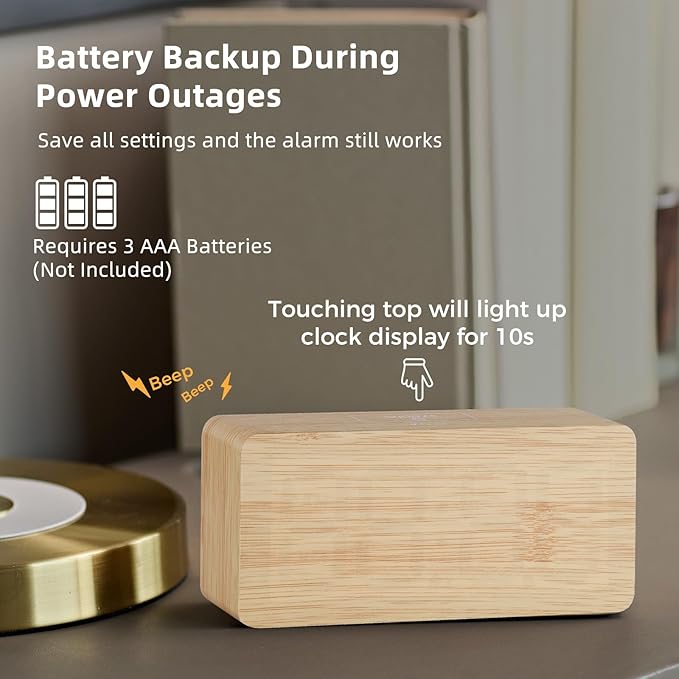uscce Wooden Digital Alarm Clocks for Bedrooms: Dimmable Dual Alarm Clock with Large Numbers for Bedside Desk - Loud Alarm for Heavy Sleepers with Volume Control - Wood Decor & Gifts