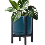 D'vine Dev Ceramic Planter with Ebony Stand - 12 Inch Modern Round Flower Pot with Wood Planter Holder, Teal, 55-B-H-4