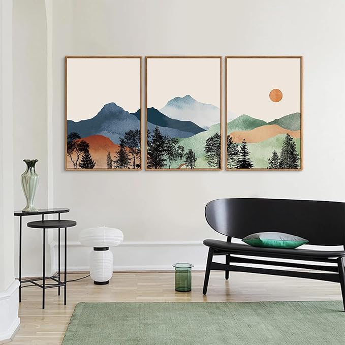 SIGNINART Boho Mountain Framed Canvas Wall Art Set of 3, Watercolor Nature Landscape Set Art Prints, Modern Sunrise Art Paintings, Green Forest Wall Decor for Living Room, Bedroom, Office 16"x24"x3