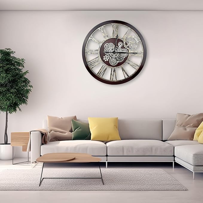 The B-Style Large Real Moving Gears Wall Clock 30 inch Rustic Retro Industrial Farmhouse Wood Clock Oversized Decorative Vintage Wall Clocks for Living Room (Cherry red and Bronze