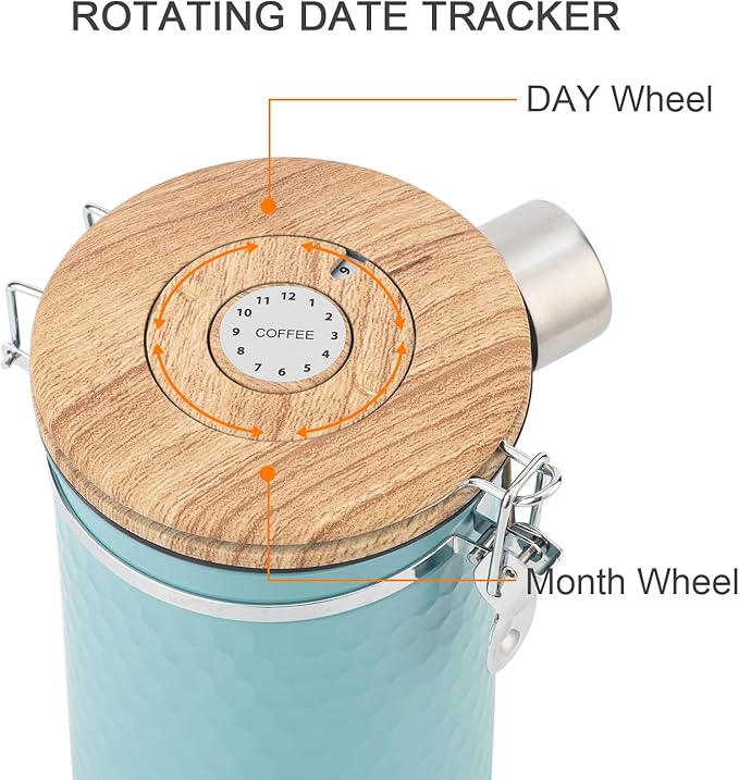 TEDSWAIT Coffee Canisters Airtight Coffee Bean Storage Container Kitchen Stainless Steel Food Storage Container with Scoop Date Tracker & CO2 Valve 61Fl Oz (Lake Blue)
