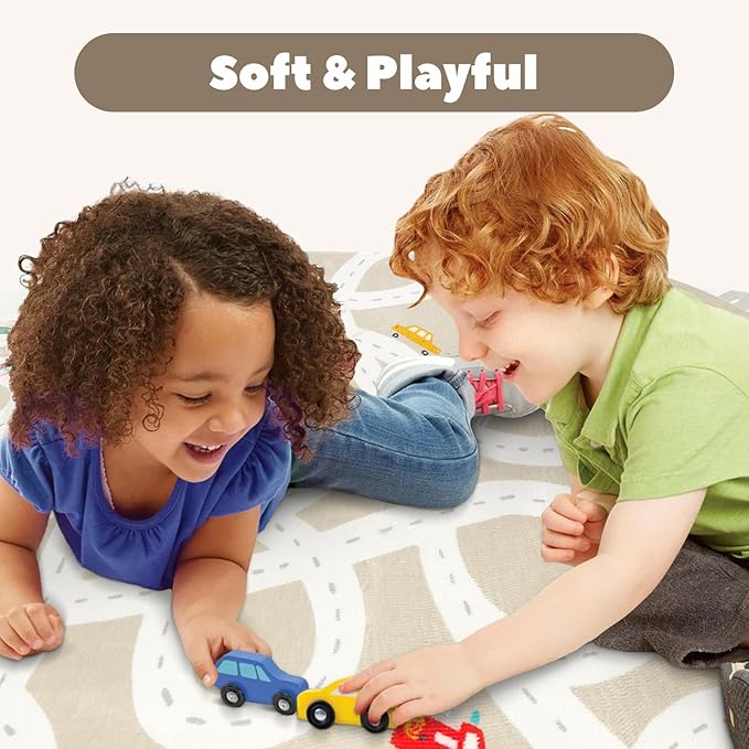 STARUIA Large Kids Rug for Playroom, 4'x6' Washable Road Rug for Nursery, Non-Slip Car Rugs for Boys Room, Tan Traffic Classroom Rugs Soft Baby Play Mat for Dorm Toy Room Tent