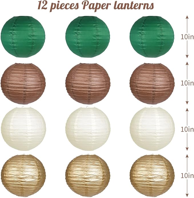 Paper Lanterns Green Brown Gold Round Hanging Chinese Lanterns for Birthday Party Gender Neutral Woodland Baby Shower Decorations Pack of 12