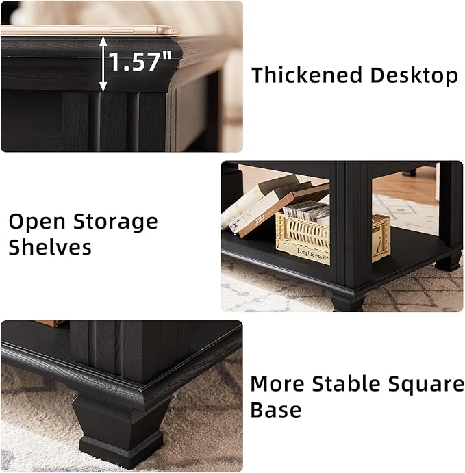 Farmhouse Coffee Tables for Living Room,Square Tea Table with Open Storage Shelf,Large Coffee Table,Rustic Wooden Center Table,Black