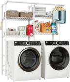 U14 Over Washer and Dryer Storage Shelves, 4 Tiers Laundry Room Storage and Organizer System, Space Saving Clothes Drying Rack with 2 Clothes Hanger Rods, 66.5" W x 20.5" D x 77.4" H, White