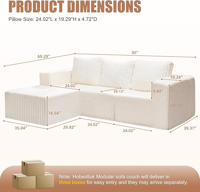 Hobestluk Modular Sectional Sofa Memory Foam Couch Oversized Sectional Sofa 3-Seater with Chaise Cloud Couch with Removable Cover L Shape Sofa for Living Room (Strip White, 3-Seater with Chaise)