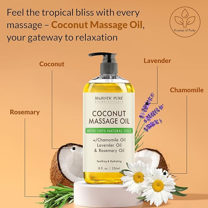 MAJESTIC PURE Coconut Massage Oil for Massage Therapy - Refreshing, and Relaxing - Natural Oils - for All Skin Types - Men and Women - 8 fl oz