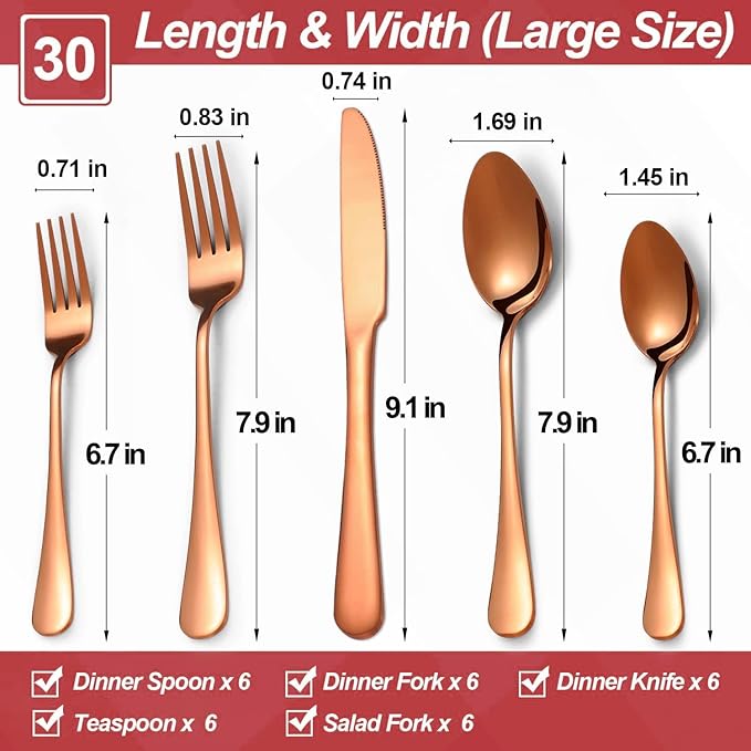 30 Pcs Rose Gold Silverware Set for 6, Food Grade Stainless Steel Flatware Set, Eating Utensils Sets Include Fork/Knife/Spoon,Home Kitchen Tableware Set, Reusable Cutlery Set, Dishwasher Safe