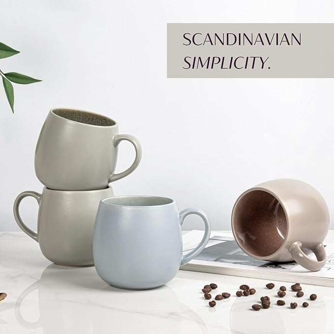 Ceramic Coffee Mugs Set of 6, 14oz - Modern Scandinavian Aesthetic - Microwavable Stoneware Coffee Cups with Comfortable Handle - Tea Mug Set for Latte, Cappuccino, Soup - Pale Blue Mist