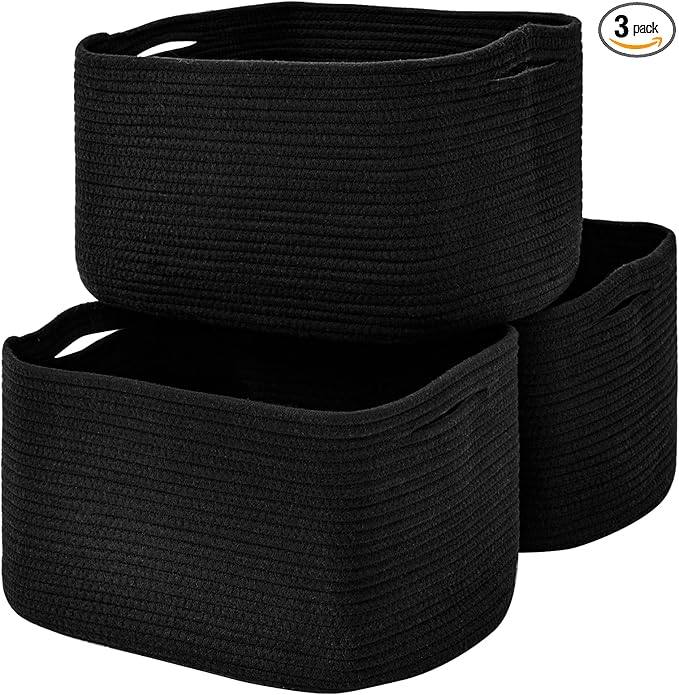 Large Storage Baskets for Organizing Shelves, Woven Cotton Rope Bins for Baby Nursery Organization, Book Toy Towel Organizer, 17"x13"x9.5", 3 Packs, Black