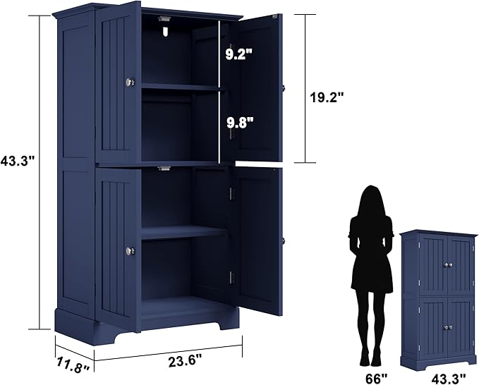 ChooChoo Bathroom Floor Cabinet, Modern Bathroom Storage Cabinet with 4 Doors and Adjustable Shelves, Freestanding Cupboard for Living Room, Navy Blue