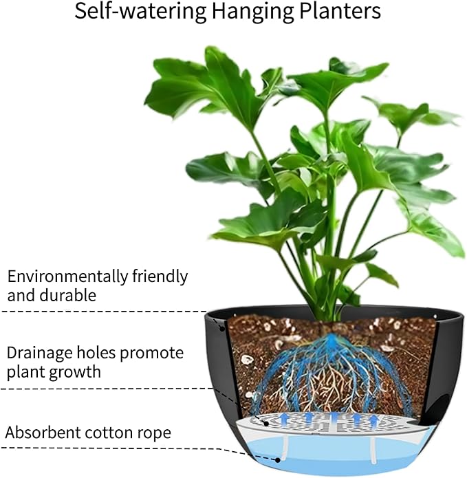 2 Pack Hanging Planters for Indoor Outdoor Plants, 12 Inch Self Watering Hanging Pot with Drainage Holes and Saucer, Plastic Plant Pots, Black Flower Pots for Kitchen, Balcony, Garden