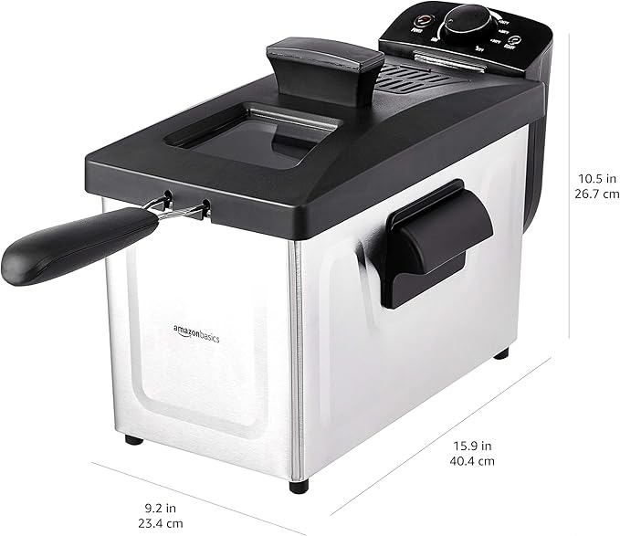 Amazon Basics 3.2-Qt (3.0L) Deep Fryer with 12-Cup Oil Capacity, Adjustable Temperature, Easy Draining Basket, Stainless Steel Exterior, Viewing Window, 1500W, Black & Silver