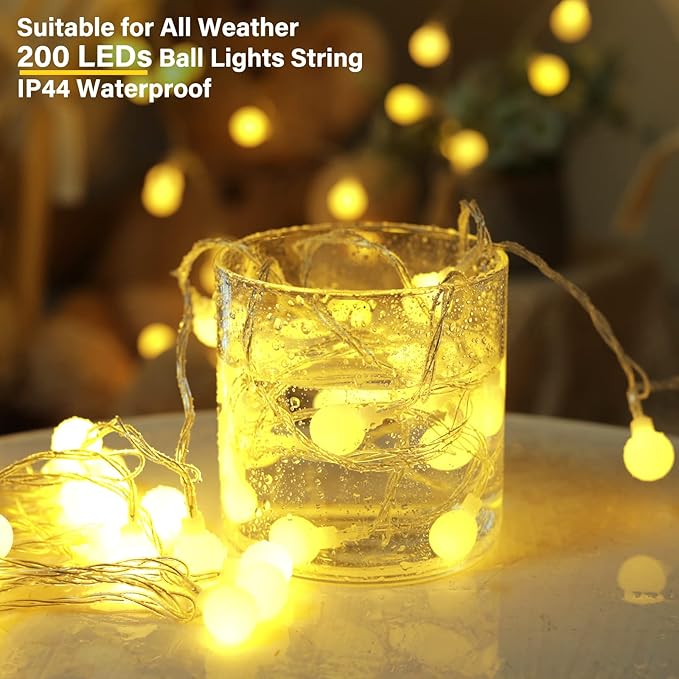 Minetom Mini Globe String Lights, 66 Ft. 200 LED Fairy String Lights Plug in, 8 Modes with Remote, Decor for Indoor Outdoor Party Wedding Christmas Tree Garden, Warm White