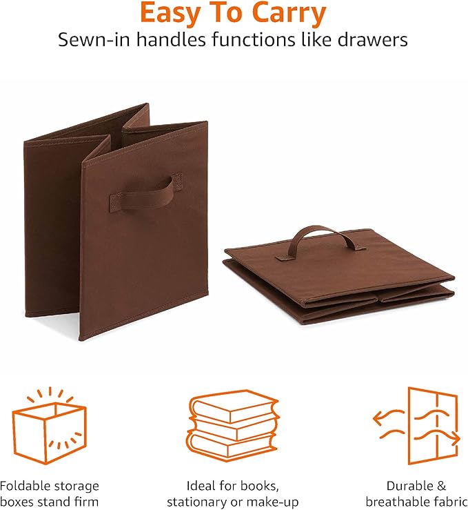 Amazon Basics Cube Organizer Storage Bins Handles, Collapsible Fabric, Pack of 6, 10.5"x10.5"x11", Brown