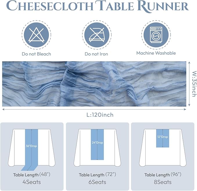 Sioloc 5 Pack Dusty Blue Cheesecloth Table Runner Fall Autumn Decor for Home 10ft Table Cloth for Tea Wedding Birthday Party Baby Bridal Shower Halloween Thanksgiving