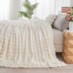 Lotus Karen King Size Faux Fur Blanket Cream White - Big Bubble Rabbit Fluff Throw for Bed Large Fluffy Fuzzy Cozy Thick Furry Plush Shaggy Blankets 108x90 Inches