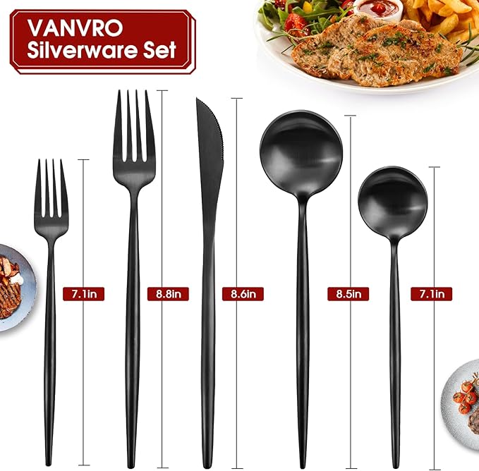 Matte Black Silverware Set, 40-Piece Stainless Steel Flatware Set, Tableware Cutlery Set Service for 8, Satin Finish Utensils Set, Knife Fork Spoon Set for Home and Restaurant, Dishwasher Safe