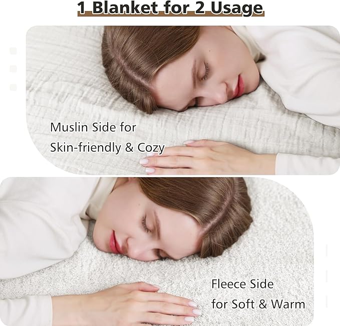 EMME White Throw Blanket Muslin and Fleece Blanket for Women Reversible - 50"*60" Soft & Cozy Warm Lightweight Small Blankets for Couch Bed Picnic Travel Bed