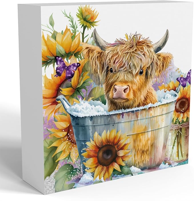 Highland Cow Funny Bathroom Decor, Highland Cow Gifts, Highland Cow Decor,Highland Cow Nursery Decor,Wooden Box Decor Sign for Home Farmhouse Office Living Room Table Shelf Tiered Desk