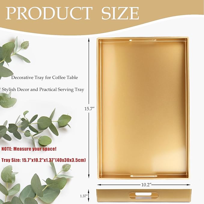 Spsyrine Gold Decorative Serving Tray with Handles, Elegant Plastic Coffee Table Tray for Ottoman, Living Room, Home Decor 15.6" X 10.2"