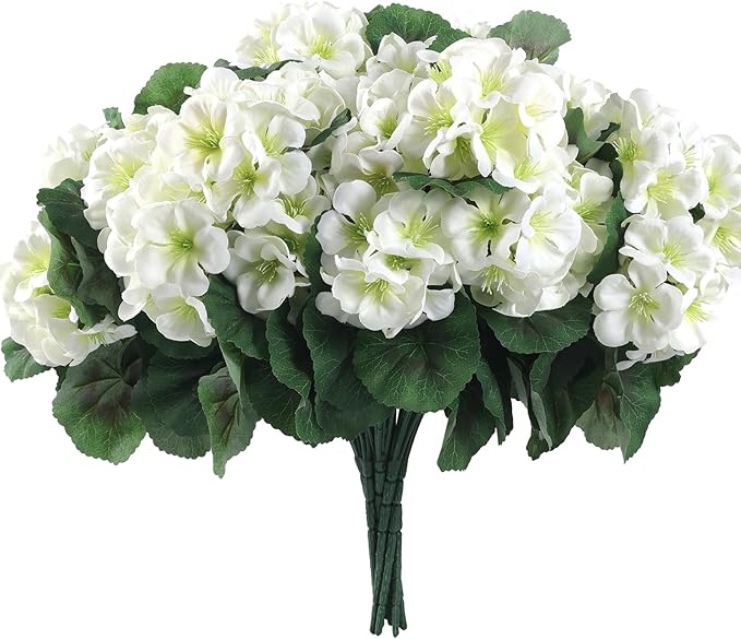 Hananona 12 Pcs Artificial Geranium Flowers for Outdoors Geranium Silk White Flower Outdoor UV Resistant Garden Plants Faux Flowers for Home Kitchen WeddingTable Centerpieces Decor (12, White)