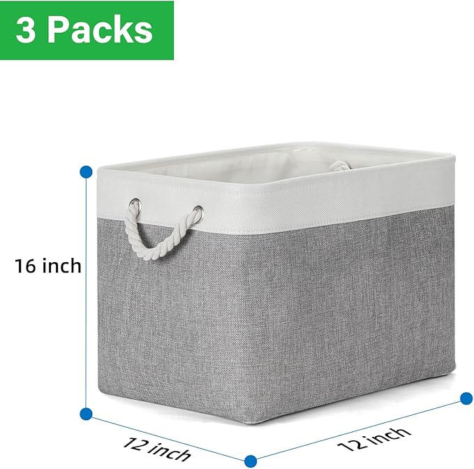 Bidtakay Large Storage Baskets for Organizing 3-Pack Fabric Closet Organizers Storage Bins with Handles 16x11.8x11.8 In Collapsible Baskets for Shelves Cloth Home Organization L-White&Grey