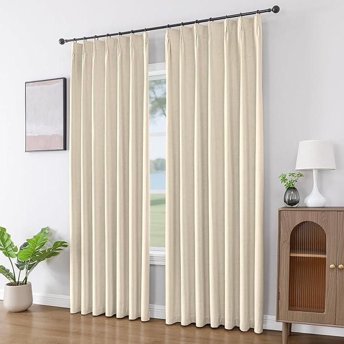 Joydeco Pinch Pleated Linen Curtains for Living Room, 100% Blackout Darkening Curtains 72 inches Length 2 Panel Thermal Insulated Pinch Pleat Drapes(Bleached Sand,40'' Wx72'' L)