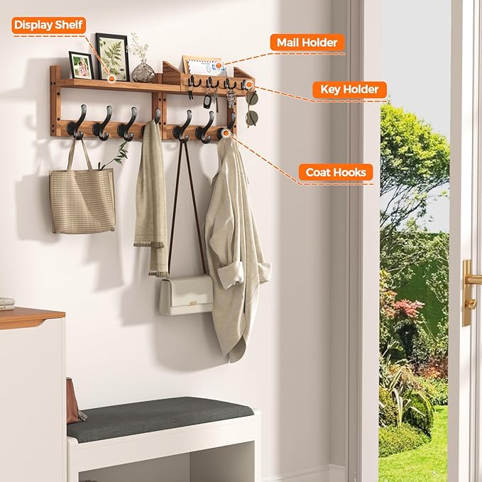 29" Coat Rack Wall Mount with Shelf, 4 in 1 Wall Mounted Coat and Key Hanger with 11 Hooks, Entryway Key Holder with Mail Holder for Living Room, Bedroom