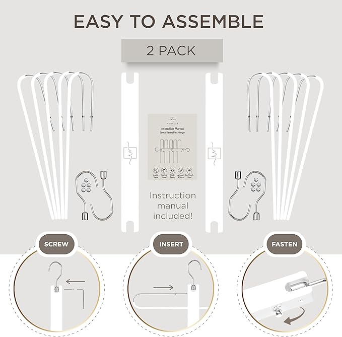 MORALVE Pants Hangers Space Saving - 2 Pack European Beechwood Scarf and Jean Hangers - Closet Organizer and Space Saver Pant Rack, Leggings Hanger, and Scarf Holder with 360° Swivel Hook