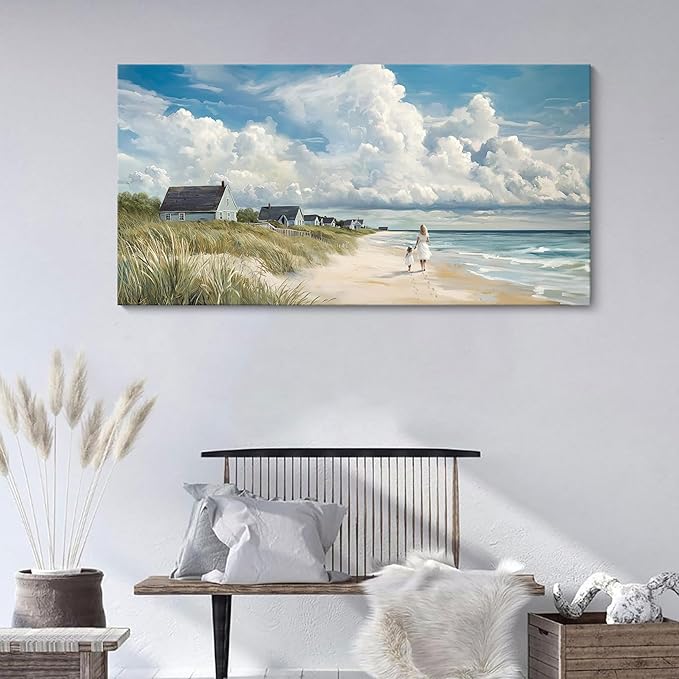 HGUAOA Coastal Canvas Wall Art - Large Landscape Wall Art for Living Room - Ocean and Beach Painting - Blue Artwork for Bedroom Decor - Above Bed Wall Pictures -Beach Theme Print Art