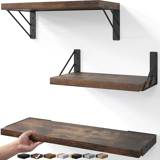 BAYKA Wall Shelves for Bedroom Decor, Floating Wall Shelves for Living Room Kitchen Storage, Wall Mounted Rustic Wood Floating Shelves for Kids Books,Corner Shelves for Bathroom(Set of 3)