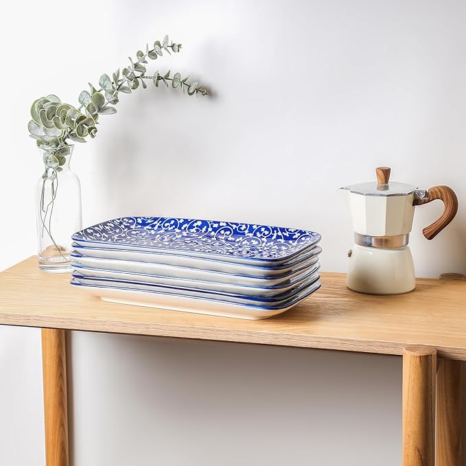 Selamica Ceramic Serving Platters, 12 Inch Serving Trays for Party Entertaining, Large Rectangular Serving Plates for Food, Set of 6, Vintage Blue