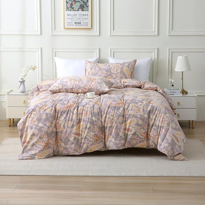 ABREEZE Paisley Bedding Sets 3Pcs Brushed Cotton Duvet Cover Set Queen Size Rustic Damask Gold Floral Comforter Cover with Zipper Closure Boho Bedding Collections