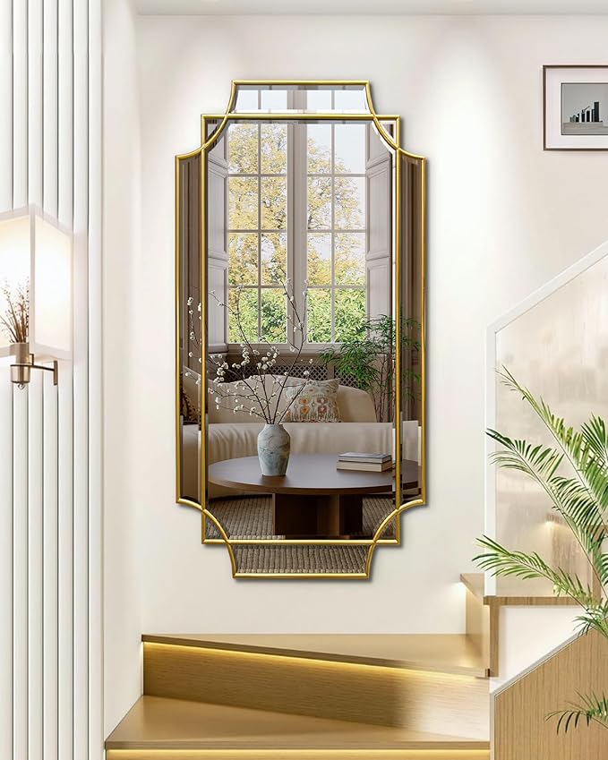 Wall Mirror Full Length, 47" x 24" Gold Framed Full Body Mirror, Scalloped Beveled Polished Decorative Mirrors, Large Rectangle Irregular Wall Mirror for Bathroom/Bedroom/Living Room/Entryway