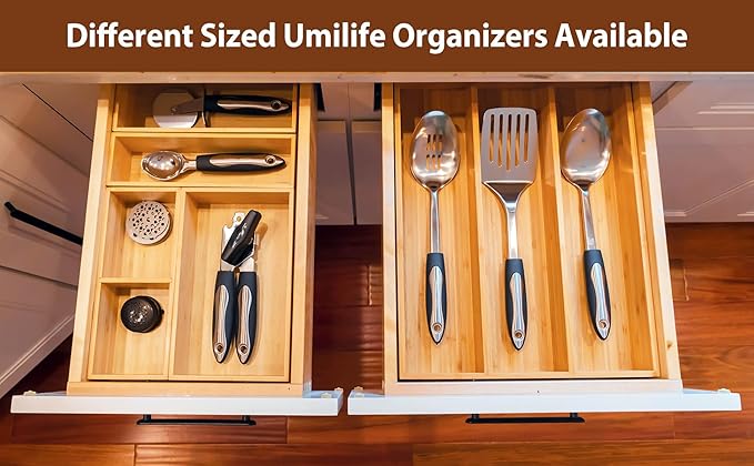 Umilife Expandable Kitchen Drawer Organizer, 2.5" High Bamboo Utensils Silverware Tray, Adjustable Large Deep Wood Organization Holder