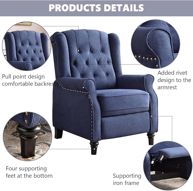 CANMOV Push Back Recliner Chair Set of 2, Modern Fabric Wingback Recliner Chair, Comfy Armchair Single Sofa Accent Chair with Padded Seat and Nailhead Trim, Tufted, Dark Blue