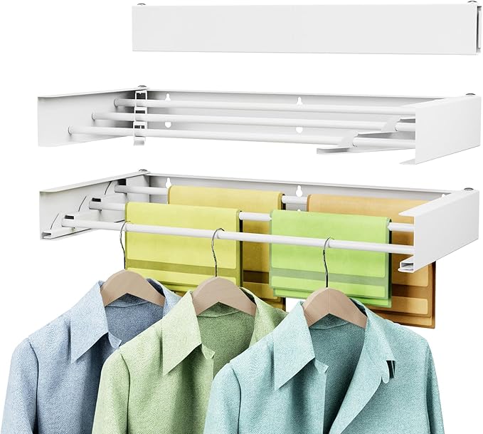 Laundry Drying Rack Collapsible, Wall Mounted Clothes Drying Rack Wall, Space Saving Drying Rack for Laundry, 19.8" Wide, 3 Aluminum Rods, 50 lb Capacity