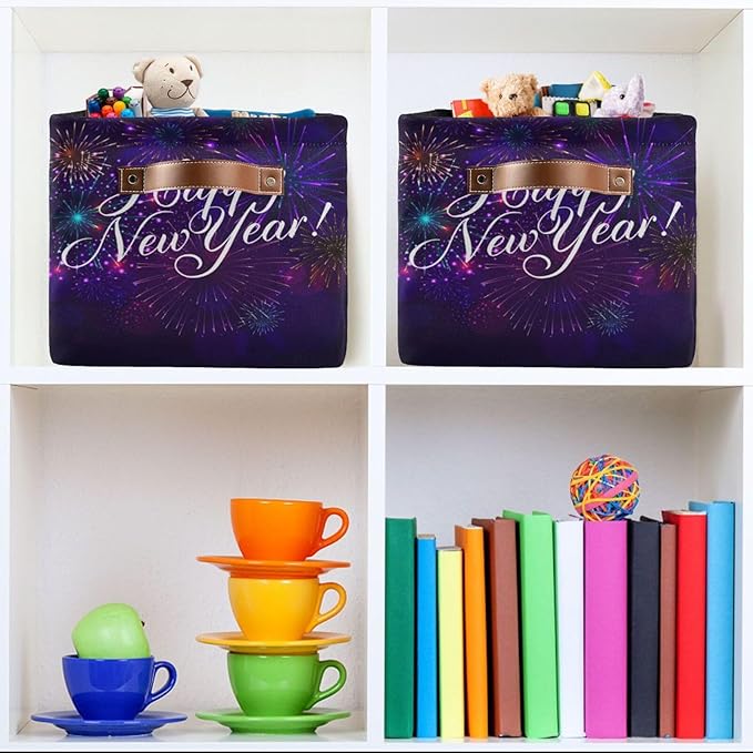 Storage Basket Happy New Year Cube Storage Bins Organizer Bag Collapsible Closet Shelf Baskets with handle for Baby Cloth Pet Toy Book 14.2×10.2×8.3 IN
