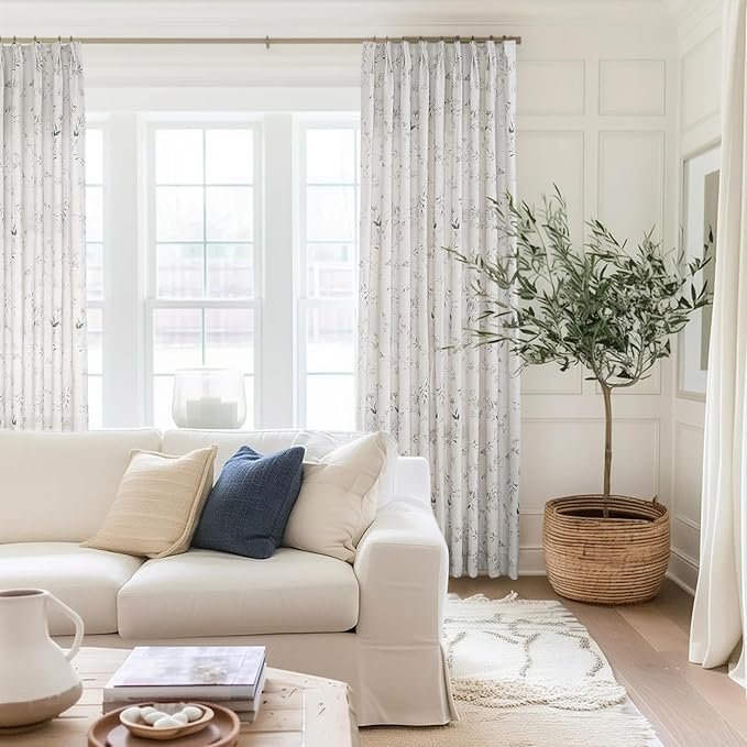 Pinch Pleated Floral Linen Curtains, 40 Inch Wide by 100 Inch Long Printed Curtains for Privacy Light Filtering, Suitable for Living Rooms and Sunrooms.2 Panels