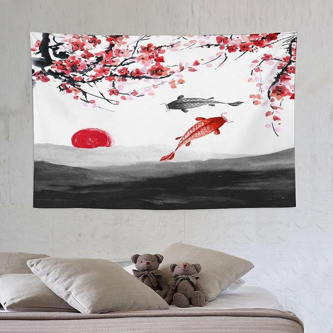 Houselerax Japanese Koi Fish Tapestries, Cherry Blossoms Asian Oriental Flower Branch Koi Fish Carp Tapestry Wall Hanging for Bedroom Living Room Office Decor 60"x40"