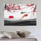 Houselerax Japanese Koi Fish Tapestries, Cherry Blossoms Asian Oriental Flower Branch Koi Fish Carp Tapestry Wall Hanging for Bedroom Living Room Office Decor 60"x40"