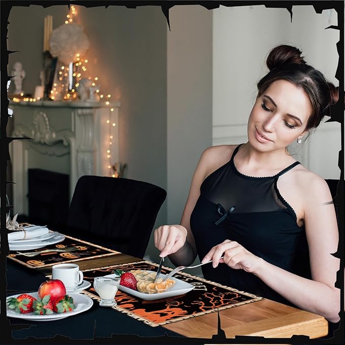 Umigy 6 Pcs Halloween Placemats 12"x18" Gothic Bat Placemats Kitchen Decoration Washable Witch Place Mats Rectangle Skull Table Mats for Halloween Dining Table Accessories(Classic)