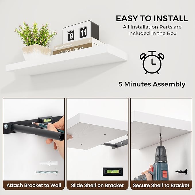 36 inch Floating Shelves Wall Shelves for Office with Invisible Brackets, 8 inch Deep Shelves for Bathroom, Living Room, Kitchen, Office, 36x7.9 inch deep Set of 2, White