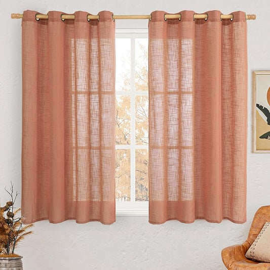 LAMIT Light Filtering Linen Curtains 54 inches Long for Bedroom, Linen Textured Semi Sheer Bronze Grommet Boho Drapes for Living Room, Terracotta, 2 Panels, 52 x 54 Inch