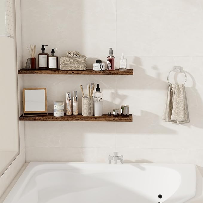 36Inch Floating Shelves for Wall 2 Pack Wood Shelves for Kitchen, Bathroom, Bedroom Wall Mounted Rustic Wood Floating Shelf with Invisible Brackets for Books, Storage, Decor, Rustic Brown