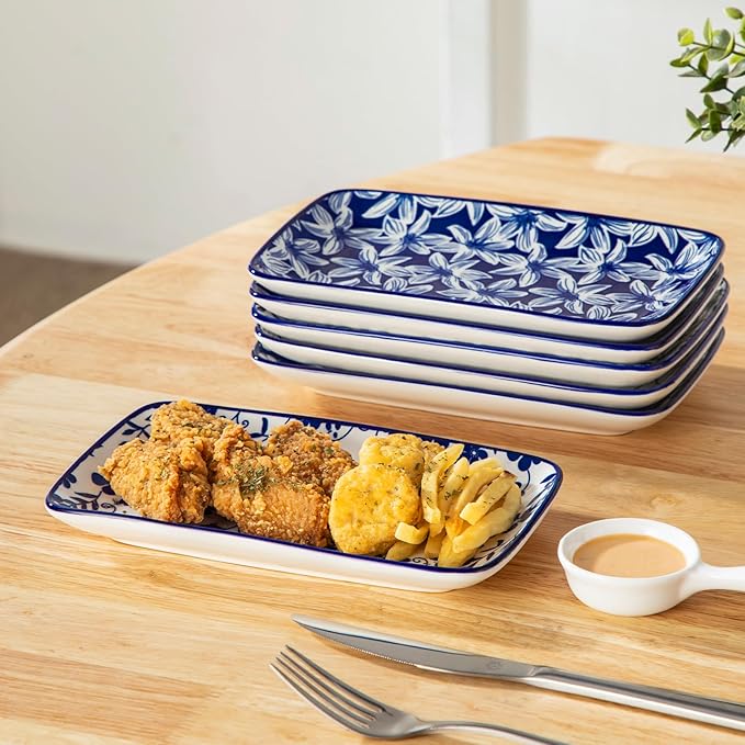 vancasso Selene 8.5 Inch Rectangular Salad Plates Set of 6, Ceramic Salad Plates for Sushi, Dessert, Appetizer, Porcelain Platters for Kitchen Decor, Microwave & Oven Safe, Vintage Blue & White Color