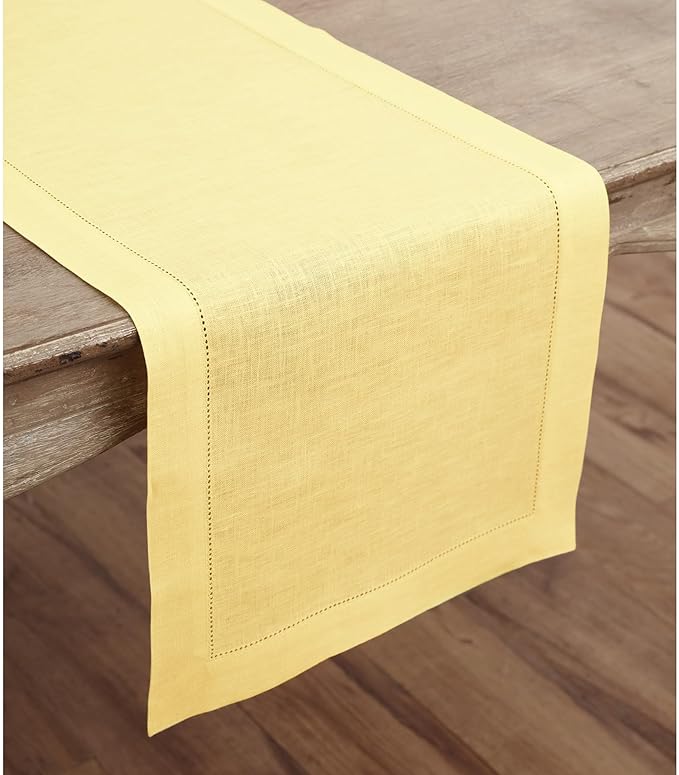 Solino Home Linen Yellow Table Runner 60 Inches - Classic Hemstitch, 100% Pure Linen Coffee Table Runner 14 x 60 Inch Ideal for Dresser Tables