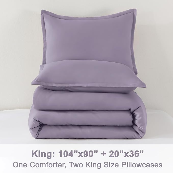 Litanika Grayish Lavender Purple Comforter Set King Size, 3 Pieces Lightweight Solid Bedding Comforter Set, All Season Fluffy Bed Set (104x90In Comforter & 2 Pillowcases)